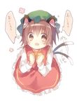  animal_ears bow brown_eyes brown_hair cat_ears cat_tail chen drooling fang hat looking_at_viewer multiple_tails nekomata open_mouth shirt simple_background skirt skirt_set solo sparkling_eyes tail tail_wagging touhou translated vest white_background yume_hisahi 