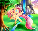  adoptaponyshadow cloud clouds cutie_mark cyan_eyes equine evening feathers female feral fluttershy_(mlp) flying friendship_is_magic fur grass hair horse long_hair mammal my_little_pony outside pegasus pink_hair pony river sky solo tree water wings yellow_fur 