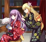  alternate_costume bad_id bad_pixiv_id blonde_hair blue_eyes book bookshelf brushing_another's_hair chair floral_print flower hair_brushing hair_flower hair_ornament hand_in_hair japanese_clothes kimono kirisame_marisa konka long_hair long_sleeves multiple_girls obi open_mouth patchouli_knowledge purple_eyes purple_hair sash sitting smile touhou very_long_hair wide_sleeves yukata 