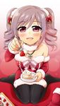  bell blush bow cake collarbone cross drill_hair food fork fruit hair_ornament hat idolmaster idolmaster_cinderella_girls kanzaki_ranko open_mouth pantyhose pink_eyes plate santa_costume santa_hat short_hair silver_hair sleeveless slice_of_cake solo strawberry twin_drills twintails uraichishi 