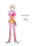  blonde_hair hands_in_pockets highres image_sample male_focus mouri multicolored multicolored_eyes pixiv_sample smile vocaloid yuu_(vocaloid) 