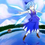  bad_id bad_pixiv_id blue_hair boots bow chuukarudoruhu cirno closed_eyes hair_bow outstretched_arms short_hair solo spread_arms touhou wings 