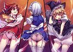  3girls ass blonde_hair bloomers braid brown_hair detached_sleeves garter_belt hairband hakurei_reimu hand_on_headwear hat izayoi_sakuya kirisame_marisa misti multiple_girls panties short_hair silver_hair skirt skirt_flip surprised the_iron_of_yin_and_yang thigh_gap thighhighs touhou underwear wind wind_lift witch_hat yellow_eyes 