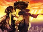  1girl black_hair chiko_(beroro) couple hand_on_another's_face happy hetero kisuke long_hair ninja oboro_muramasa smile spoilers sunset torahime 