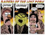 2020 4_fingers anthro arnold_toht beaker_(muppets) big_nose black_hair blue_eyes border bound breasts brown_clothing brown_eyes brown_hair brown_jacket brown_shirt brown_topwear bruce_mccorkindale bunsen_honeydew cleavage clothed clothing comic crossover dialogue domestic_pig dress dying english_text eyeless eyewear face_melting fedora female fingers fire food glasses green_body green_skin group hair hat headgear headwear hermann_dietrich hi_res humanoid humor indiana_jones indiana_jones_(franchise) jacket link_hogthrob male mammal marion_ravenwood medal melting melting_flesh melting_mouth miss_piggy mixed_media muppet muppets nazi nazi_uniform necktie orange_nose pain parody pink_body pink_skin popcorn popcorn_bucket pun raiders_of_the_lost_ark screaming shirt shush signature snout speech_bubble suid suine sus_(pig) swastika tank_top text the_muppet_show topwear white_border white_clothing white_dress