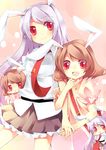  :x animal_ears bad_id bad_pixiv_id brown_hair bunny_ears carrot chibi dual_persona fang frills holding_hands inaba_tewi laughing lk_(artist) long_hair miniskirt multiple_girls necktie pleated_skirt purple_hair red_eyes red_neckwear reisen_udongein_inaba short_hair skirt smile standing touhou 