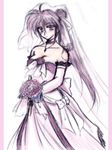  bare_shoulders bouquet bride choker dress elbow_gloves flower gloves lyrical_nanoha mahou_shoujo_lyrical_nanoha mahou_shoujo_lyrical_nanoha_a's non-web_source ponytail signum sketch solo wedding_dress 