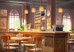  absurdres brick_wall cafe chair clock coffee_maker commentary_request day hanging_light highres interior jar koyama_satsuki no_humans original plate poster_(object) protected_link scenery shelf table television wall_clock window 
