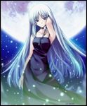  blue_eyes blue_hair choker dress gown long_hair lowres moon nighttime 