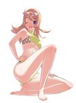  ass bad_id bad_pixiv_id barefoot bikini blush breasts brown_hair copyright_request feet legs long_hair medium_breasts one_eye_closed open_mouth purple_eyes simple_background smile solo swimsuit tensugi_takashi underboob 