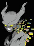  absurdres cube demon demon_horns dragon_ball dragon_ball_z fangs geometric_pattern highres horns janemba manabu_yashiro monochrome pointy_ears rectangle smile yellow_eyes 