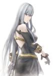  back bare_shoulders breasts from_behind gloves honjou_raita large_breasts long_hair looking_back official_art pantyhose red_eyes selvaria_bles senjou_no_valkyria senjou_no_valkyria_1 silver_hair solo sword turtleneck uniform very_long_hair weapon 