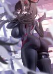  1girl ass back black_bodysuit black_hair blue_archive bodysuit breasts hair_ornament hairclip halo highres large_breasts long_hair looking_at_viewer looking_back ponytail red_eyes rio_(blue_archive) solo thighs xiujia_yihuizi 