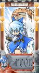  1girl alternate_costume blue_eyes blue_hair bow cirno fright_(hazelnut_cafe) frog hair_bow short_hair solo tarot tears the_fool_(tarot_card) touhou wings 