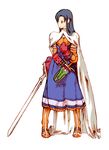  armor armored_dress blue_hair cape dagger final_fantasy final_fantasy_tactics idolmaster idolmaster_(classic) idolmaster_1 kisaragi_chihaya knight_(fft) long_hair parody solo style_parody sword weapon zearthp 