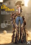  1girl artist_name ass blonde_hair blue_vest blurry blurry_background boots breasts brown_boots brown_gloves chaps commentary cow_girl cowboy_hat cowboy_western crazyred denim english_commentary english_text full_body gloves gun hat high_heel_boots high_heels highres holding holding_gun holding_weapon jeans medium_breasts neckerchief open_clothes open_vest original outdoors pants red_neckerchief reloading revolver solo spurs tumbleweed vest weapon white_hat 