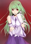  bad_id bad_pixiv_id breasts cleavage detached_sleeves green_hair hair_ornament hairpin kochiya_sanae long_hair medium_breasts necktie red_eyes solo touhou umeo_retto 