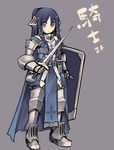 armor bad_id bad_pixiv_id blue_eyes blue_hair cape gauntlets greaves kashiwamochi_yomogi long_hair original shield solo sword tareme translated weapon 