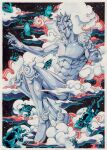  1other abs absurdres araki_hirohiko_(style) border cloud cloudy_sky colored_skin commentary compound_eyes english_commentary frog highres jojo_no_kimyou_na_bouken no_mouth no_nose other_focus painting_(medium) red_eyes sky spikes stand_(jojo) stone_ocean traditional_media watercolor_(medium) weather_report_(stand) white_border white_skin xfkart 