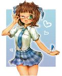  adjusting_eyewear amami_haruka bracelet brown_hair dress_shirt glasses green_eyes hair_ornament hair_ribbon heart idolmaster idolmaster_(classic) idolmaster_live_for_you! jewelry kiro_(an_kilo) laughing miniskirt necktie one_eye_closed plaid plaid_skirt pleated_skirt ribbon rough_time_school school_uniform shirt short_hair skirt smile solo standing 