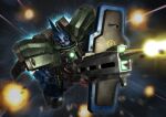  advance_of_zeta beam_rifle commentary energy_gun english_commentary explosion firing flying gelgoog_anavel_gato_custom gelgoog_stutzer glowing glowing_eye gun gundam gundam_0083 highres holding holding_gun holding_weapon mecha mecha_focus mixed-language_commentary mobile_suit motion_blur no_humans one-eyed primate_nemesis red_eyes robot science_fiction shield solo weapon zeon 