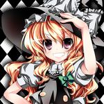  =3= bad_id bad_pixiv_id blonde_hair blush checkered colorized gotou_nao grin hair_ribbon hat highres kirisame_marisa long_hair ribbon smile solo touhou upper_body witch_hat 
