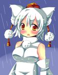  :o animal_ears bad_id bad_pixiv_id bare_shoulders blue_background blush breasts chocolat_(momoiro_piano) detached_sleeves hat inubashiri_momiji large_breasts looking_at_viewer orange_eyes pom_pom_(clothes) rain sad short_hair solo tokin_hat touhou wet white_hair wolf_ears 