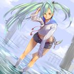  aguhari bad_id bad_pixiv_id chain copyright_request denim denim_shorts green_hair leaning_forward legs long_hair midriff shorts smile socks solo twintails uneven_twintails water 