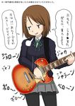  brown_hair electric_guitar guitar hirasawa_yui instrument k-on! nullhachi pantyhose plectrum school_uniform short_hair sigh solo translated 