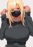  1girl averting_eyes black_mask black_sweater blonde_hair bralines breasts commentary_request covering_own_ears dark-skinned_female dark_skin elf grey_background highres hololive large_breasts long_hair long_sleeves mask mouth_mask multicolored_hair nervous_sweating pointy_ears shiranui_flare solo streaked_hair sweat sweater upper_body uzuradobin virtual_youtuber white_hair 