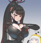  2girls black_bodysuit black_hair black_jumpsuit blue_archive bodysuit bow_(bhp) breasts character_request cleavage closed_mouth gradient_background halo high_ponytail highres hood hood_up huge_breasts jumpsuit long_hair looking_down mole mole_under_eye multiple_girls partially_unzipped ponytail red_eyes rio_(blue_archive) rio_(bodysuit)_(blue_archive) very_long_hair zipper zipper_pull_tab 