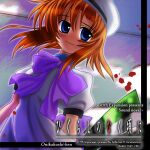  1girl beret blood blue_collar blue_eyes blush bow bowtie closed_mouth collar commentary derivative_work dress english_text gretelandcat hair_between_eyes hat highres higurashi_no_naku_koro_ni huge_bow light_smile looking_at_viewer medium_hair purple_bow ryuuguu_rena ryuukishi07_(style) short_sleeves solo sundress video_game_cover_redraw white_dress 