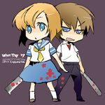  1girl bad_id bad_pixiv_id baseball_bat blue_eyes chibi couple hatchet hetero higurashi_no_naku_koro_ni maebara_keiichi maroyan nose_hatchet ryuuguu_rena 