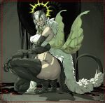  absurdres antennae arthropod_girl ass black_sclera breasts carapace claws colored_sclera crop_top extra_arms fangs grape_(grape05843924) halo highres huge_ass long_sidelocks looking_at_viewer medium_breasts medium_hair moth_girl original pelvic_curtain sidelocks skin_fangs squatting tail thick_thighs thighs white_hair wings yellow_eyes 
