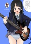  akiyama_mio bangs bass_guitar black_hair blazer blue_eyes blunt_bangs blush embarrassed hime_cut instrument jacket k-on! long_hair miniskirt nullhachi panties pantyshot plaid plaid_skirt ribbon school_uniform skirt skirt_lift solo striped striped_panties translated underwear 