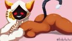 animal_humanoid animal_tail arc_system_works armwear armwear_only big_breasts big_butt black_body black_fur blazblue blonde_hair blush blush_lines braided_hair breasts budda butt cat_humanoid clothing dark_body dark_skin dipstick_tail empty_eyes felid felid_humanoid feline feline_humanoid female fur hair hi_res hood_only humanoid kaka_(blazblue) looking_at_viewer lying mammal mammal_humanoid markings mostly_nude obscured_face on_front pink_background red_eyes sharp_teeth simple_background smile solo tail tail_markings taokaka teeth thick_thighs white_armwear white_body white_clothing white_fur white_hood wide_hips