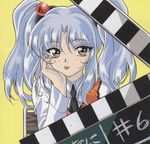  :p artist_request blue_hair clapperboard hair_bobbles hair_ornament hoshino_ruri kidou_senkan_nadesico long_hair necktie solo tongue tongue_out twintails yellow_eyes 