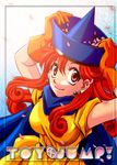  alena_(dq4) cape cherry_blossoms dragon_quest dragon_quest_iv dress earrings fuuka_(toy_jump) gloves hat jewelry long_hair petals red_eyes red_hair smile yellow_dress 