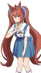  1girl absurdres animal_ears blue_scrunchie blue_skirt breasts brown_hair closed_mouth collarbone cosplay daiwa_scarlet_(umamusume) feet_out_of_frame hair_intakes hair_ribbon hand_on_own_thigh hand_up hashtag-only_commentary highres horse_ears horse_girl horse_tail index_finger_raised large_breasts leaning_forward long_hair looking_at_viewer neck_ribbon neon_genesis_evangelion one_eye_closed oxymoron_0213 red_eyes red_ribbon ribbon sailor_collar sailor_shirt school_uniform scrunchie shirt short_sleeves simple_background skirt slit_pupils smile socks solo suspender_skirt suspenders tail tokyo-3_middle_school_uniform twintails umamusume very_long_hair white_background white_shirt white_socks 