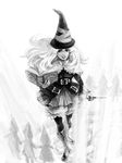 artist_request book boots greyscale grimgrimoire hat lillet_blan long_hair monochrome pantyhose solo wand witch wizard_hat 