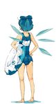  1girl bad_id bad_pixiv_id barefoot blue_hair bow cirno from_behind hair_bow hands_on_hips innertube kawanabe oekaki one-piece_swimsuit school_swimsuit short_hair solo swimsuit touhou wardrobe_error wings 