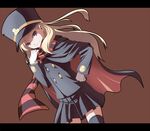  bad_id bad_pixiv_id blonde_hair brown_background cape chiaki hat ippaiccha letterboxed long_hair orange_eyes scarf shako_cap shigofumi skirt solo striped striped_scarf thighhighs uniform zettai_ryouiki 