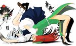  3girls black_hair blood braid camera china_dress chinese_clothes dress german_suplex hat hong_meiling implied_pantyshot izayoi_sakuya long_hair multiple_girls neko_majin nosebleed red_hair ribbon shameimaru_aya short_hair silver_hair suplex tokin_hat touhou twin_braids wrestling 