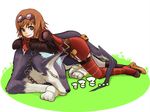  asymmetrical_clothes brown_hair dog gloves goggles green_eyes hirahira21 lowres mismatched_footwear repede rita_mordio short_hair sleeping smile tales_of_(series) tales_of_vesperia thighhighs 
