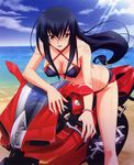  absurdres beach bell bikini blue_hair bracelet breasts cleavage cloud day ground_vehicle highres jewelry leaning_forward long_hair matsuo_yukihiro medium_breasts memories_off memories_off_6 motor_vehicle motorcycle nail_polish outdoors pink_nails ponytail red_eyes sky smile solo straddling suzushiro_rein swimsuit wet 