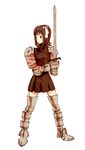  amami_haruka armor brown_hair final_fantasy final_fantasy_tactics hair_ribbon idolmaster idolmaster_(classic) idolmaster_1 parody ribbon short_hair solo squire_(fft) style_parody sword weapon zearthp 