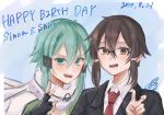  2024 2girls aqua_eyes asada_shino black-framed_eyewear black_gloves black_jacket blazer blush brown_eyes brown_hair character_name collared_shirt commentary dated dual_persona english_text fingerless_gloves glasses gloves hair_between_eyes happy_birthday highres jacket multiple_girls necktie open_mouth red_necktie scarf shirt sidelocks sinon smile sword_art_online teeth v white_scarf white_shirt yato_a2 