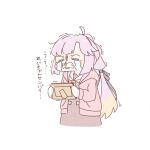  1girl =_= ahoge amano_tatsu anyoji_hime black_ribbon blonde_hair blunt_bangs blunt_sidelocks brown_dress closed_eyes commentary crying deformed dress gradient_hair hair_ribbon hasu_no_sora_school_uniform highres holding holding_picture_frame hood hooded_jacket jacket link!_like!_love_live! long_hair long_sleeves love_live! mourning multi-tied_hair multicolored_hair neckerchief open_clothes open_jacket picture_frame pink_hair pink_jacket ponytail ribbon sailor_collar sailor_dress school_uniform sidelocks simple_background solo streaming_tears swept_bangs tears translation_request trembling virtual_youtuber white_background white_sailor_collar winter_uniform yellow_neckerchief 