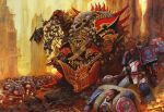  6+boys adeptus_astartes after_battle alexboca angron angry antennae architecture armor armored_boots army artist_name axe bald bisected black_hair blood blood_on_armor blood_on_ground blood_on_weapon blue_armor boots breastplate building butchers_nails cable cable_hair cape chain chain_around_arm chainsaw chainsword chaos_space_marine clenched_teeth corpse death dreadnought_(warhammer_40k) eagle_head_(ornament) english_commentary facepaint fighting_stance fire flag full_armor full_body fur-trimmed_cape fur_trim gauntlets gold_armor greaves gun heavy_bolter helmet highres holding holding_axe holding_bolter holding_chain holding_chainsaw holding_detached_head holding_flag holding_gun holding_polearm holding_sword holding_weapon horned_armor imperial_aquila industrial knife_belt long_hair male_focus military_uniform military_vehicle motor_vehicle multiple_boys no_headwear on_rock open_mouth ornate_armor ornate_axe ornate_weapon outdoors pale_skin pauldrons pelt pelvic_curtain polearm power_armor power_lines primarch pteruges red_armor scabbard scar scar_on_face science_fiction screaming severed_arm severed_head severed_limb sheath sheathed shoulder_armor shoulder_pads shoulder_spikes signature skull skull_belt skull_ornament sky skyscraper spiked_axe spiked_pauldrons spikes sword tank teeth terminator_armor tower vambraces war warhammer_40k weapon white_armor wire world_eaters yellow_sky 