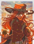  1boy beard belt bridal_gauntlets cape cowboy_hat facial_hair goggles goggles_on_headwear gyro_zeppeli hat highres jojo_no_kimyou_na_bouken long_hair looking_at_viewer male_focus nolvini orange_theme parted_lips short_sleeves solo sparkle steel_ball_(jojo) steel_ball_run upper_body white_belt 